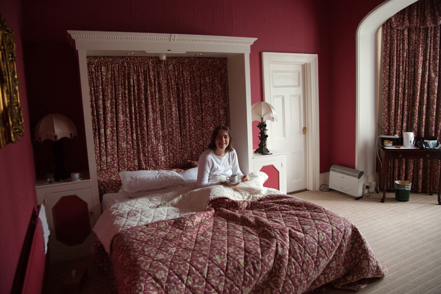 Sarah enjoying a morning cup of tea in bed