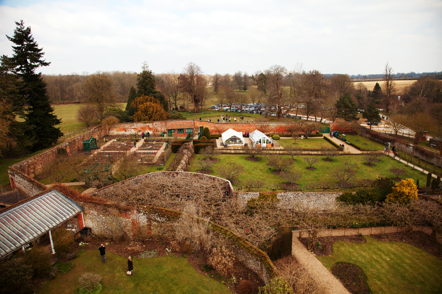 Looking down across the garden to the car park