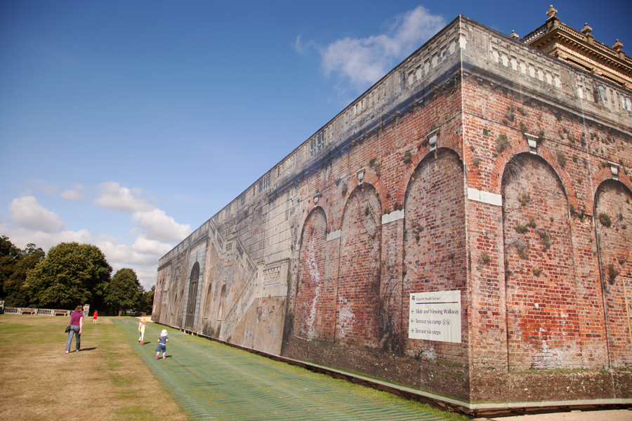 The stairs and brickwork have been photographed and printed lifesize on hoardings while the building work goes on