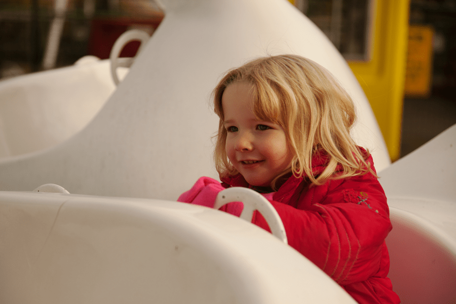 Emily driving a swan